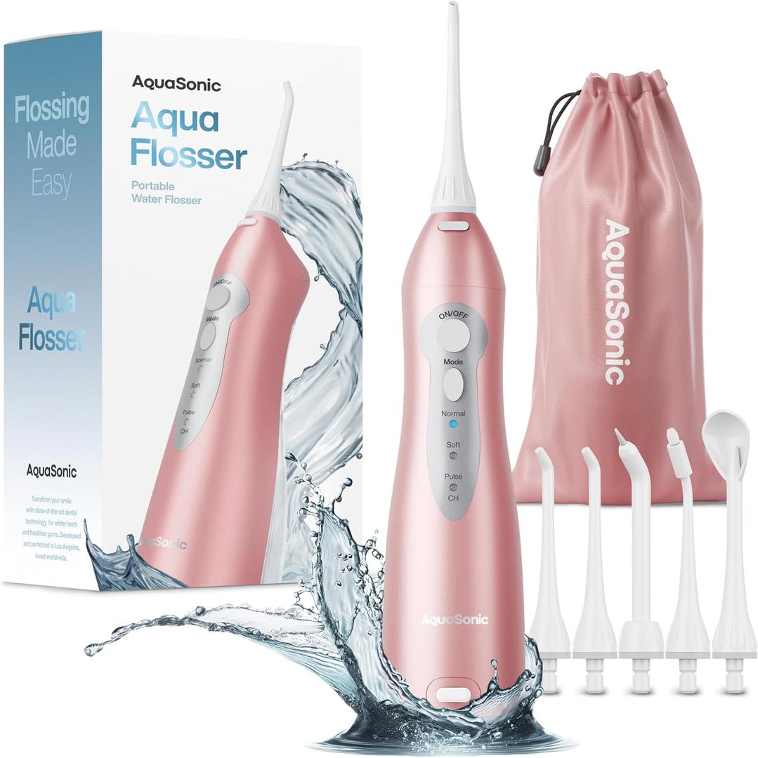 AquaSonic Water Flosser - Cordless Rechargeable Water Flossers for Teeth Cleaning - Waterproof Aqua Flosser, Portable Oral Irrigator for Dental Cleaning with 5 Jet Tips  Braces Home Travel (Rose Gold)