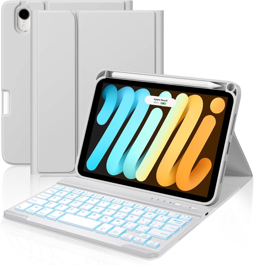 Cousper for iPad mini 7 Keyboard Case A17 Pro 2024/iPad Mini 6 Generation Case with Keyboard 2021 8.3 Inch, Pencil Holder, 7 Color Backlit Detachable Keyboard Cover for iPad mini 7th/6th Gen,Grey