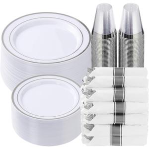 Goodluck 350 Piece Silver Plastic Dinnerware Set for 50 Guests, Fancy Disposable Plates for Party, Include: 50 Dinner Plates, 50 Dessert Plates, 50 Pre Rolled Napkins with Silver Silverware, 50 Cups