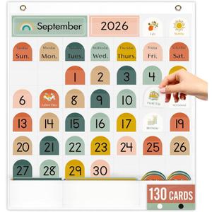 Classroom Monthly Calendar Pocket Chart for Kids Learning, 105 Cards Wall Boho Calendar and Weather, Teacher Supplies for Kindergarten Preschool Elementary Homeschool