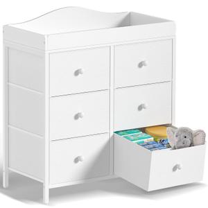 BOLUO Changing Table Dresser with 6 Fabric Drawers, Baby Dresser with Changing Table Top Diaper Changing Station with Storage for Nursery Modern (White)