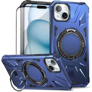 Compatible with iPhone 15 Case, with 1X HD Screen Protector, Compatible with MagSafe, 360Rotatable Invisible Ring for Magnetic Car Mount, Rugged Drop Protection for iPhone case (Navy Blue)