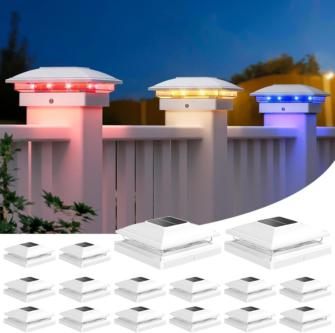 APONUO 16 Pack Solar Post Cap Lights Color Changing - RGB 8 Solid & Gradient Colors, IP65 Waterproof, for 4x4 5x5 6x6 Wood Vinyl Fences, Deck, Patio, Yard (White)