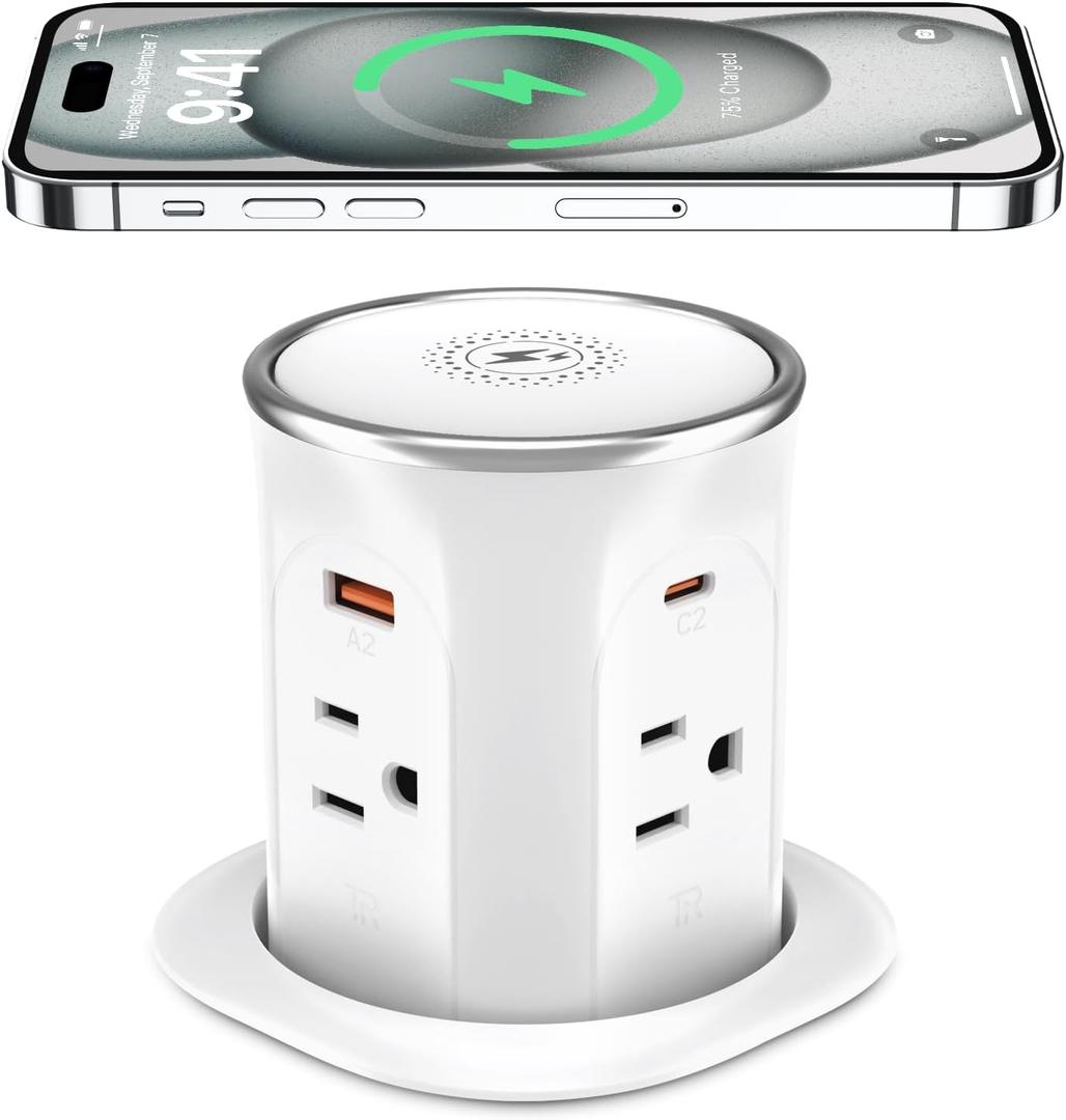 Pop Up Countertop Outlet with 15W Wireless Charger, 800J Surge Protection, 3.15in Pop-up Electrical Outlets with 4 Outlets & 4 USB for Kitchen,Conference Table (ETL Listed) (White)