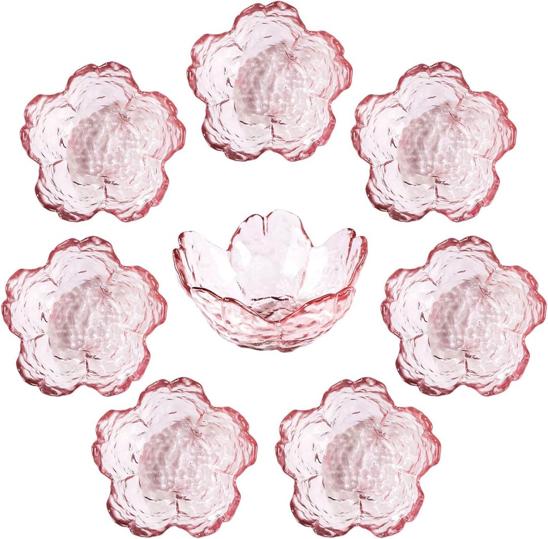 WHJY 8 pack Cute Sauce Dishes Glass Dish Set for Soy Sauce Snacks Tea Bag Mini Glass Bowls Clear Pink Cherry Blossom Soy Sauce Dishes