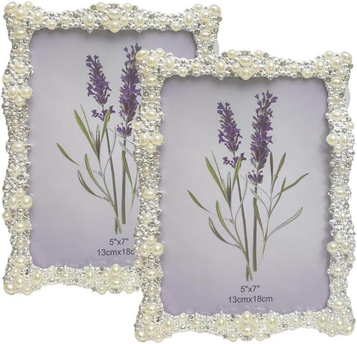 Elegant Pearl and Crystal Metal Picture Frame, White, 4 * 6in,5x7 Inch, Decorative Border, Wedding Style Photo Display, Silver Plated for Tabletop Display,2 Pack(PICTURE RANDOM) (2, 5 * 7)