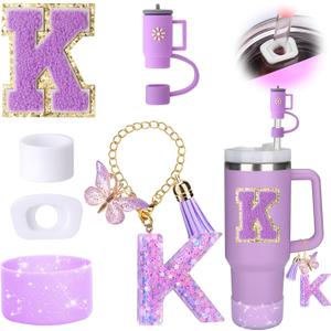 3 x Mity rain 6PCS Cup Accessories Set for Stanley Cup 30oz 40oz tumbler with handle, Including Silicone Straw Topper Cover Cap and Boot, Spill Proof Stopper, Handle Charm, Initials Sticker (Letter K)