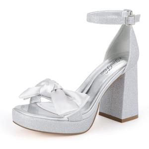 Mofri Showhow Platform Chunky Heels Women's Chunky High Heel Sandals Ankle Strap Open Toe Pump Bowknots Wedding Sandals for Wedding Bridal Party (Silver)
