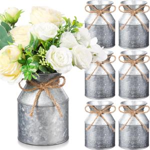 Domensi 6 Pcs Farmhouse Metal Flower Vase Wedding Decor Bulk Rustic Galvanized Milk Can Jug Vase with Bow Flower Bucket for Table Centerpiece Valentine Home (5.12 Inch, Iron Color)
