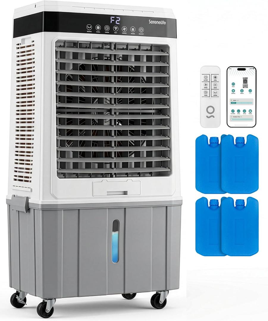 SereneLife Portable Air Cooler with 2800 CFM Power – High-Performance Evaporative Air Cooler for Indoor and Outdoor Spaces, 35 L Tank, 60° Oscillation, 12-Hour Timer, Remote Control Cooling System