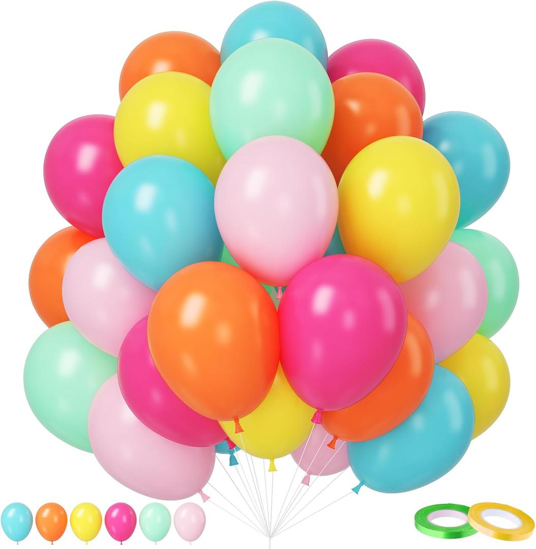 Rainbow Balloons, 12 Inch 50pcs Multicolor Rainbow Balloon Teal Blue Green Yellow Orange Hot Pink Latex Ballons for Birthday Wedding Baby Shower Engagement Decoration Party Supplies