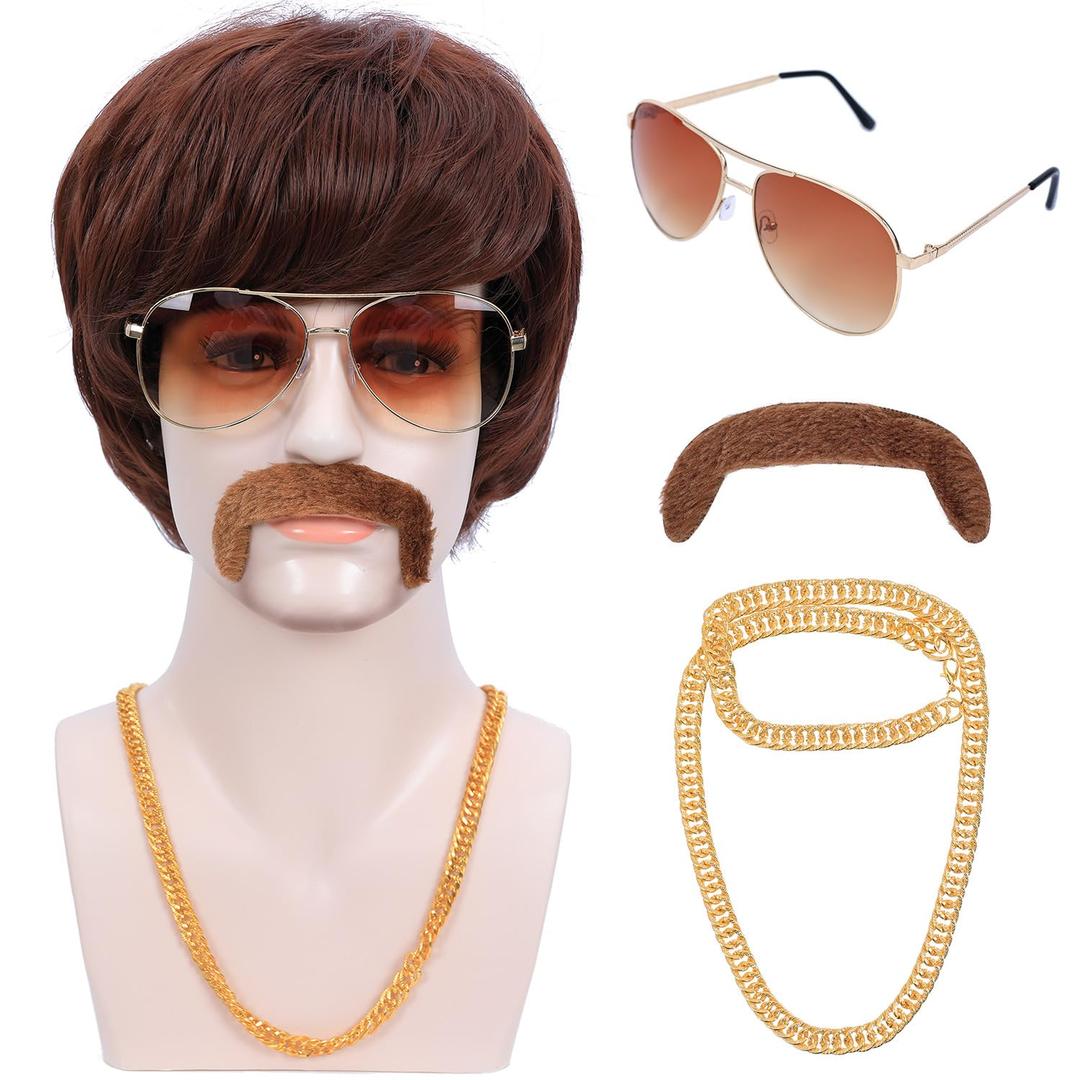 70s 80s Costume Wigs for Men with Mustache Glasses and Chain Short Brown Shaggy Disco Wig for Singer Rocker Hippie Retro Cosplay Halloween Party