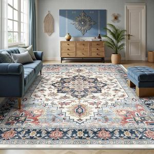 8x10 Area Rugs for Living Room - Washable Rug Vintage Distress Boho Medallion Rugs for Bedroom, Soft Non-Slip Backing Low Pile Carpet for Dining Room Office Nursery Home, Blue Beige Orange