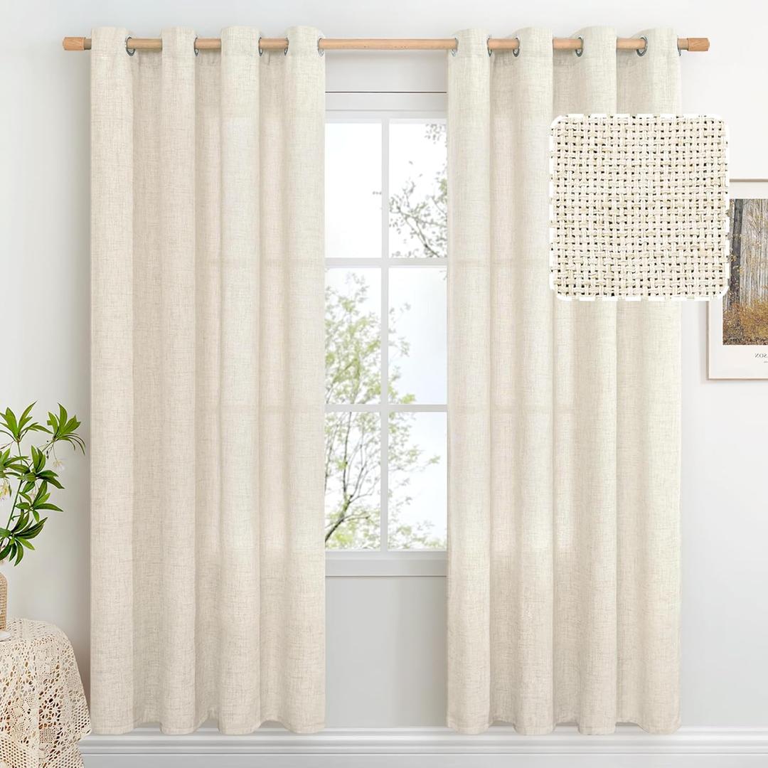 BGment Natural Faux Linen Curtains 72 Inch Long for Living Room - Burlap Textured Light Filtering Window Treatments Grommet Sheer Drapes for Farmhouse, 2 Panels, 52 X 72 Inch