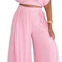 KEYUFANG Women's Summer 2 Piece Outfits Wrap V Neck Crop Top and Wide Leg Pants Sets Casual Vacation Outfits (XX-Large, Pink)