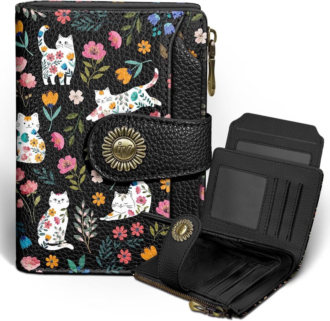 Icycay Flowers Cat Wallet Women Small RFID Blocking Bifold, Cute Credit Card Holder, Zipper Coin Pocket, PU Leather, Compact, Travel, 4 ID Window, 14 Card Slots, Cash Purse, Ladies Woman Female Girls
