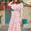 Gardenwed Chiffon Floral Dresses Summer Midi Wedding Guest Dress V Neck for Women Elastic Waist (Pink, S)