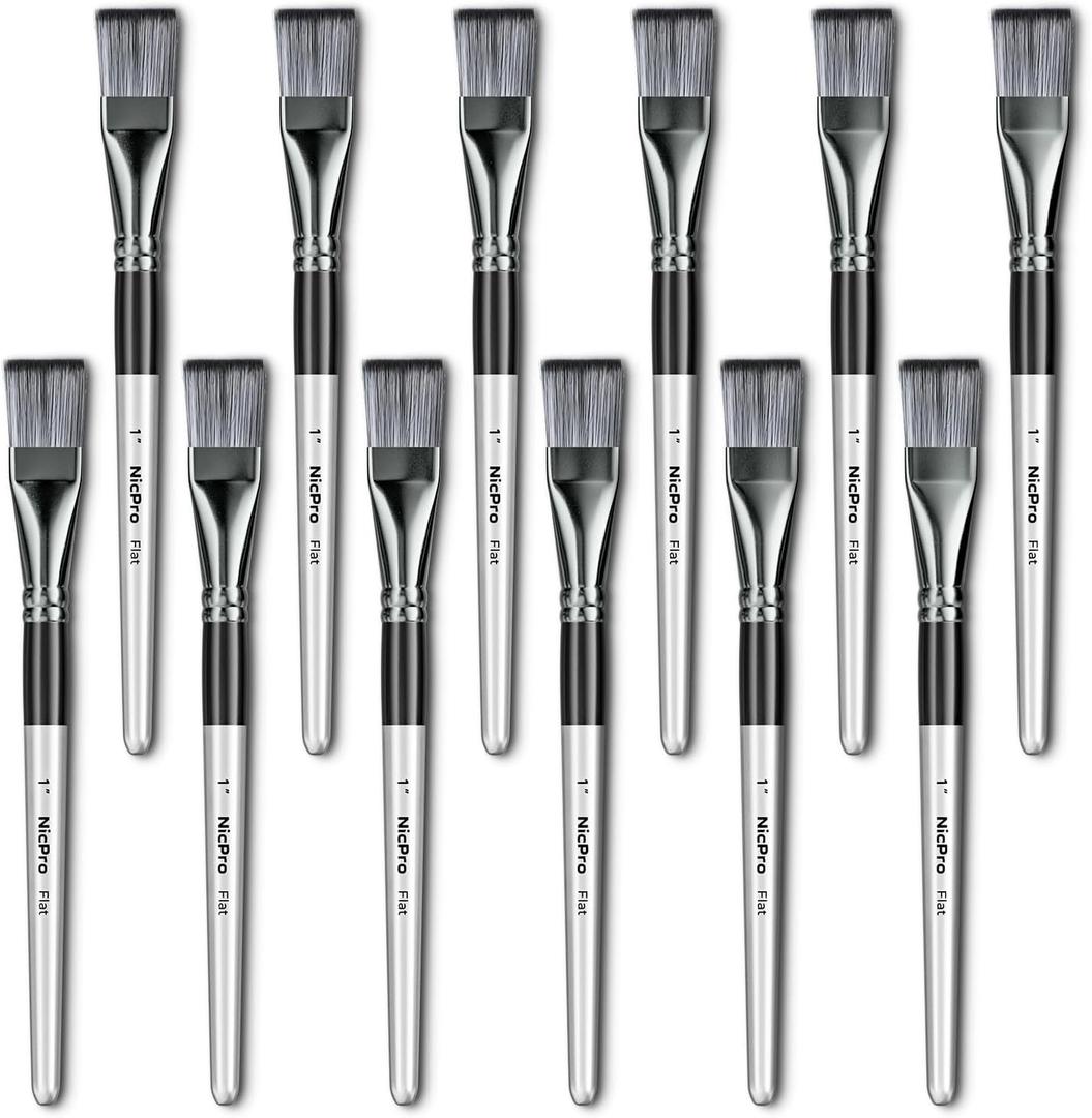 Nicpro 12pcs 1 Inch Flat Paint Brushes for Acrylic Painting, Large Paint Brushes Bulk for Acrylic Watercolor Oil, Artist Paint Brush Set for Canvas Painting, Base Coating, Crafts, Face Body Art Adults