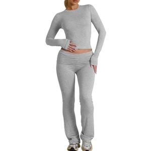 BORIFLORS Women's Workout 2 Piece Lounge Sets Long Sleeve Tops Foldover Flare Pants Casual Outfits Tracksuit (Grey) M