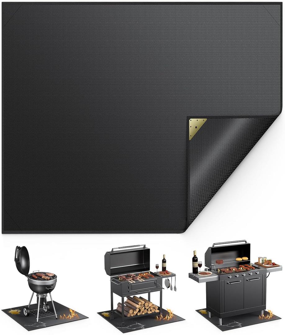 Non-Curl 48x40 inch Under Grill Mats for Outdoor Grill, Indoor Fire Pit Hearth Rugs for Fireplace, Double-Sided Fireproof, Oilproof & Waterproof BBQ Grill Mat, Easy to Clean, for Deck/Patio/Lawn
