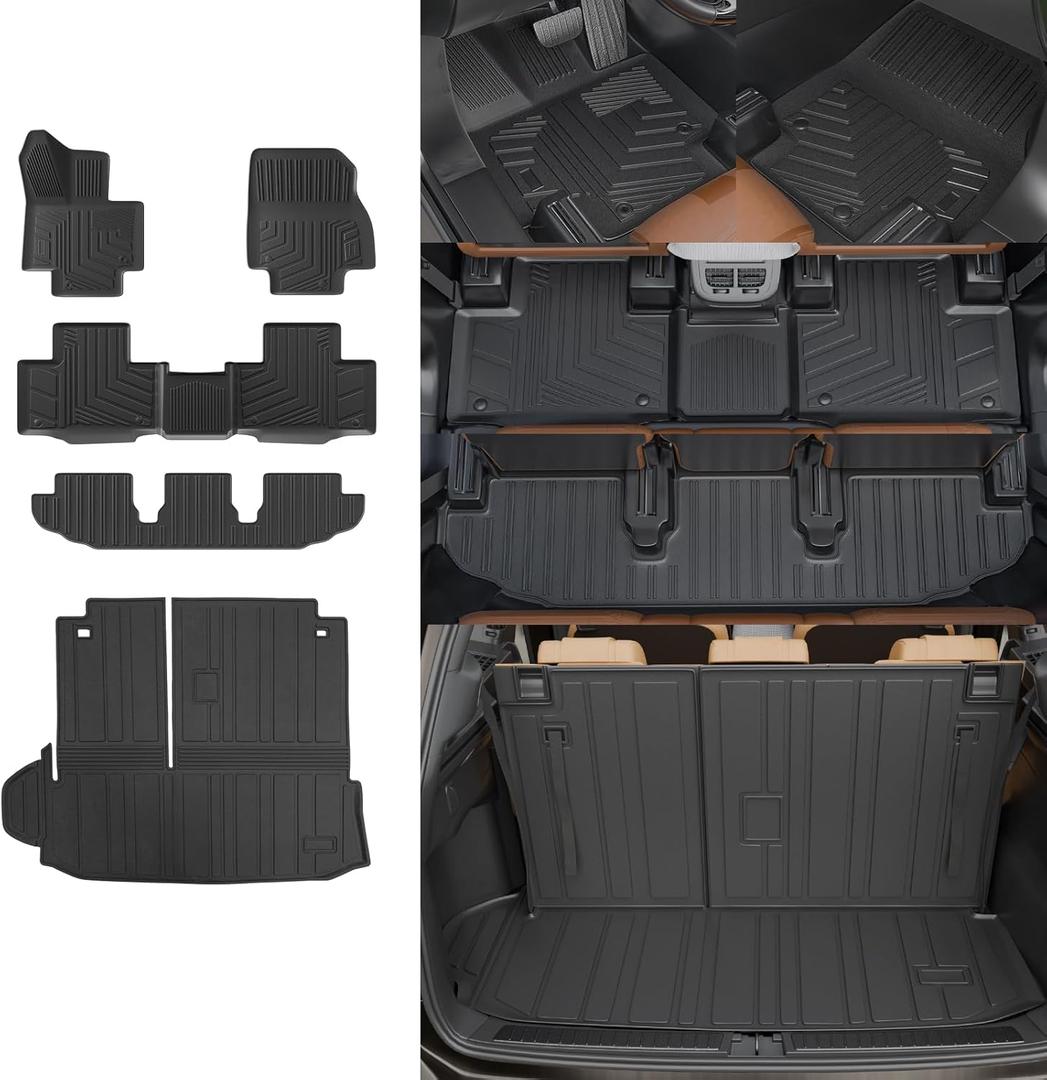 Rongtaod Floor Mat Compatible with 2020-2024 2025 Toyota Highlander Trunk Mat Cargo Mat Cargo Liner Back Seat Cover Floor Liner 2023 Highlander Accessories (Trunk Mat with Backrest Mat+Floor Mats)