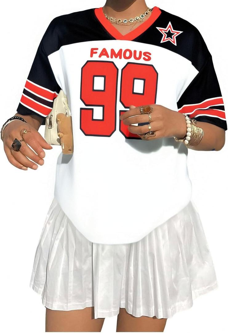 Oversized Jersey Shirts for Women Shirts Y2K Number Graphic Jerseys V Neck Cute Streetwear Tee Tops (XL)