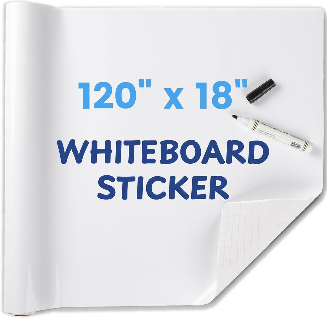Whiteboard Sticker for Wall, 120" x 18" No Ghosting Peel and Stick Dry Erase White Board Roll, Stain-Proof Self-Adhesive Whiteboard Paper for Home, Office, Classroom, Included Marker