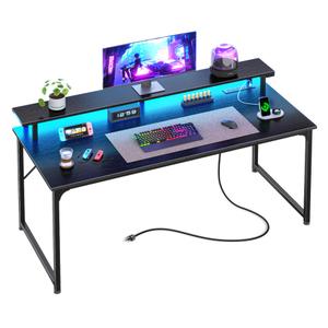 PRAISUN 48 inch Gaming Desk, LED & Power Outlets, Monitor Stand, Black