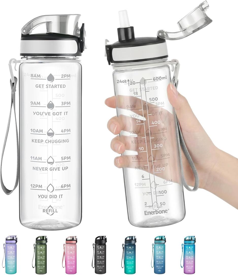 Enerbone Water Bottle, Leakproof BPA & Toxic Free, Motivational Water Bottle with Times to Drink and Straw, Fitness Sports Water Bottle with Strap for Office, Gym, Outdoor Sports, 2 pack