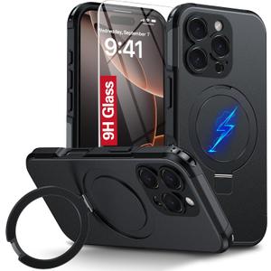 Oterkin Magnetic for iPhone 16 Pro Case Compatible with MagSafe [Foldable Invisible Stand][Tempered Glass Screen Protector & Full Camera Protection] 15FT Military Dropproof Phone Case (Black)