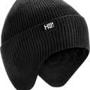 Ear Protection Beanie Hats for Men & Women - Warm Winter Knit Hats for Outdoor Hiking, Skiing, Running, Dog Walking (Black With Fleece)