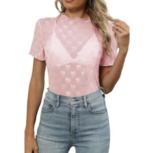 Women's Mesh Lace Top Sheer Short Sleeve T Shirt Mock Neck Summer Blouses (Pink, S)
