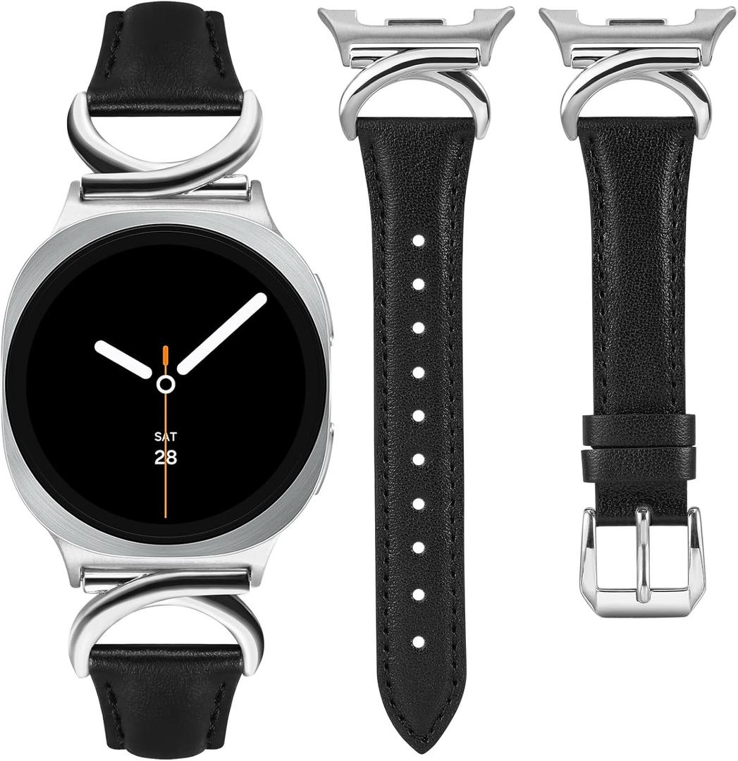 Minyee Leather Band Compatible with Samsung Galaxy Watch 8 40mm 44mm/ 8 Classic 46mm Bands, No Gap One-Click Slim Thin Dressy Leather Strap with C-Shape Metal Buckle Women, NOT for Other Models