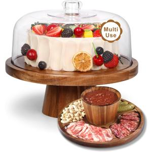 Bellsal Acacia Wood Cake Stand with Lid - 12in Round Cake Holder, 2-in-1 Dessert Table Display Set & Charcuterie Board for Cheese, Chips & Dips, Nachos, Fruit Platter, Large Acrylic Cake Dome Cover