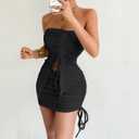 Yeshire Two Piece Skirt Set for Women Sexy Strapless Drawstring Club Outfits Going Out Crop Tops Mini Cutout Dresses (Black, L)