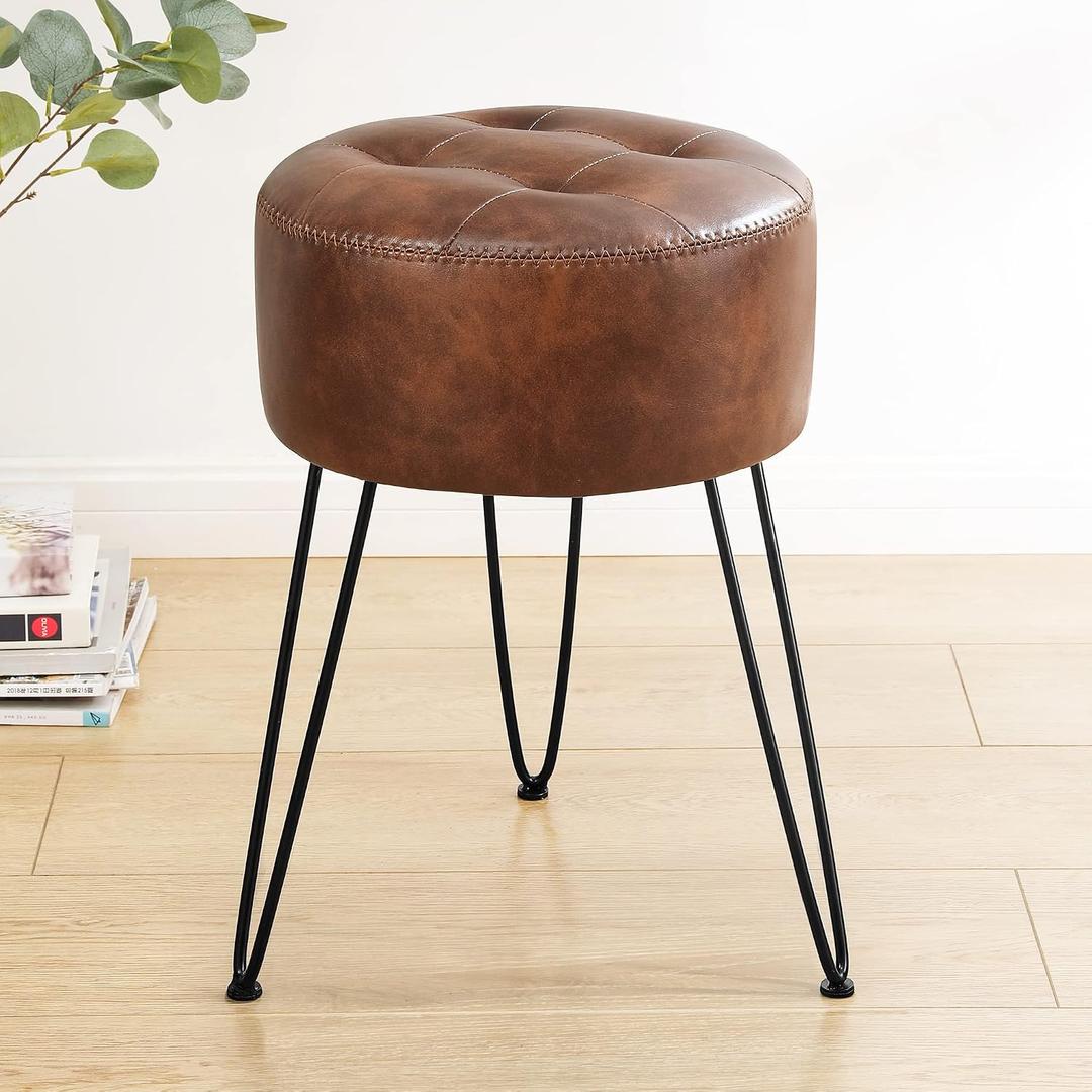 LUE BONA Reddish Brown Vanity Stool Chair for Makeup Room, Tufted Faux Leather Stool for Vanity, 19 inch Height, Vanity Chair with Metal Legs, Modern Foot Ottoman for Bedroom, Living Room, 13''W x 13''D x 19.1''H