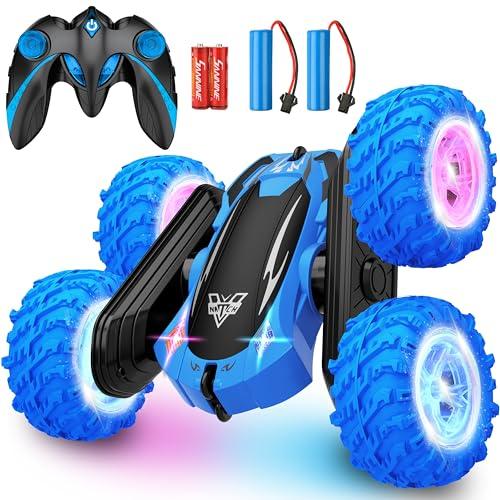 KKONES Remote Control Car, 2.4GHz Double Sided 360° Flips Rotating Electric Race RC Stunt Car, LED Wheel & Headlight High Speed Off Road Cars Toy Gift for 3 4 5 6 7 8-12 Year Old Boy Toys (Blue)