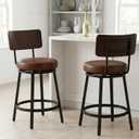 Counter Height Bar Stools Set of 2, 26" Swivel Barstools with Solid Wood Backrest & Metal Legs, Mid-Century Modern Faux Leather Upholstered Bar Chairs, Counter Stools for Kitchen Island, Brown