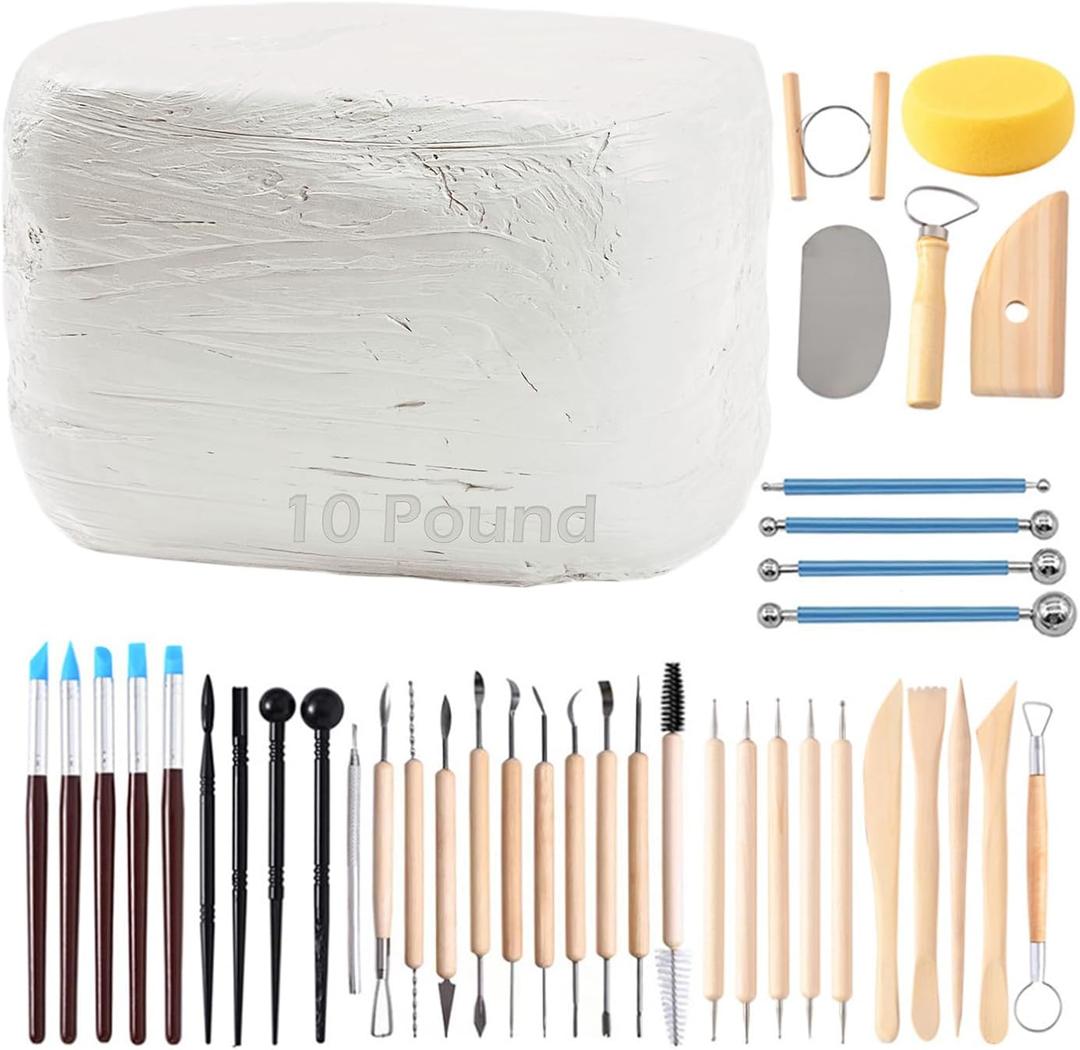 ReArt Natural Air-Dry Clay, Pottery Clay10LBs with 40 Pcs Pottery Tools Clay Sculpting Tool Set, All-Purpose Modeling Clay (White)