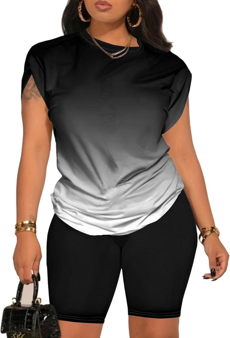 PINSV Women 2 Piece Outfits Summer Sweatsuits Biker Short Workout Jogger Sets (XX-Large, Black Gradient)