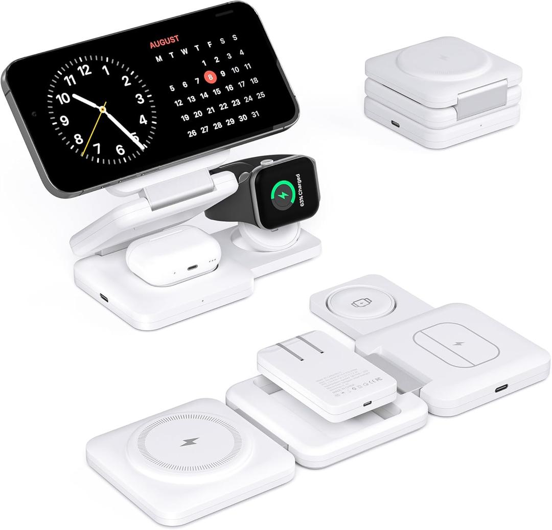 Integrated Plug 3 in 1 Wireless Charging Station Stand for iPhone 16/15/14/13/12 Series,Magnetic Foldable Travel Fast Charging Compatible with AirPods 3/2/Pro,Magnetic Charging for iWatch Series
