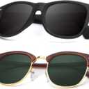 KALIYADI Polarized Sunglasses for Men and Women Semi-Rimless Frame Driving Sun glasses UV Blocking (B09-(2 Pack) Matte Brown | G15 | Golden Rim / Matte Black)