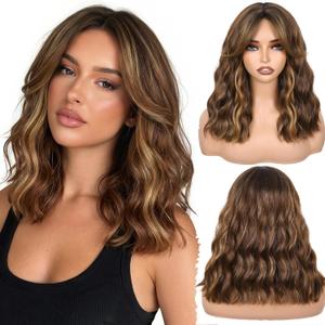 FAVE 14 Inches Wavy Bob Wig for Women Synthetic Brown Wig with Peekaboo Highlights Natural Looking Bob Wig with Bangs Lightweight& Soft Hair Replacement Wigs