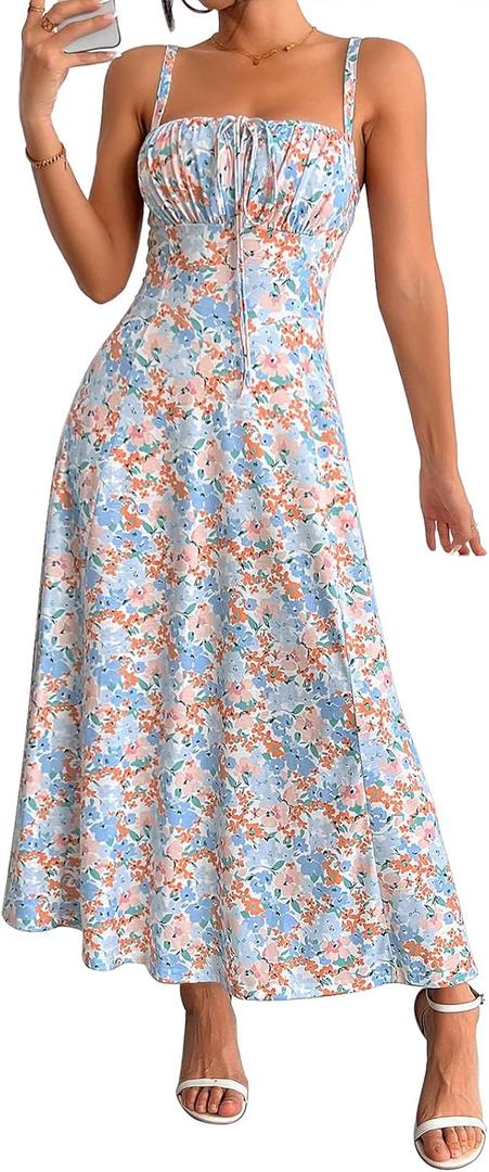 YATHON Women's Summer Midi Corset Boho Dresses Fall Casual Floral Spaghetti Straps Lace Up Dress Flowy Aline Beach Sundress (Medium)