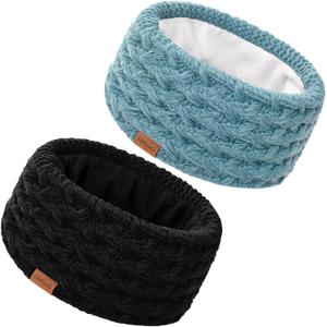 Winter Headbands for Women Ear Warmer Knitted Thick Fleece Lined Headbands for Cold Weather Gift (Black+Blue, One Size)
