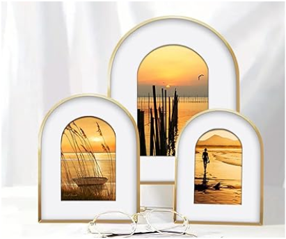 3 Pack Elegant Aluminum Arch Picture Frames - Wall Mount & Tabletop Display, Includes Non-Removable Mat for Enhanced Display - Perfect for Home Decor & Memories, Great Gift Choice (Gold, 8x10)