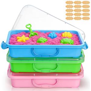 3 Pack Plastic Sensory Bins, Portable Clear Lid Sandbox Container with Handle 15 Stickers, Large Sand Water Play Tray Crafts Organizers for Sand, Water, Beads (Blue, Green, Pink)