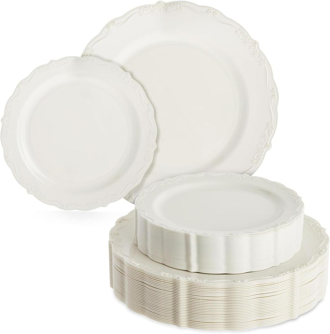 Sparkle and Bash 60 Cream Plastic Party Plates - Includes 30 9.8-Inch Dinner & 30 7.5-Inch Dessert - Vintage Floral Border & Gold Trim - Disposable Plastic Plates for Weddings, Showers & Events