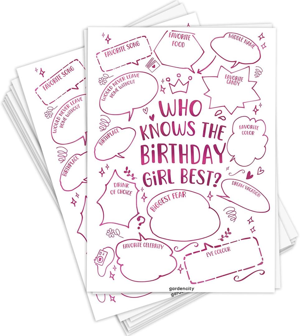 GardenCity 50 Who Knows The Birthday Girl Best Game Cards, Fun Birthday Games for Kids & Adults, Pink Bubbles