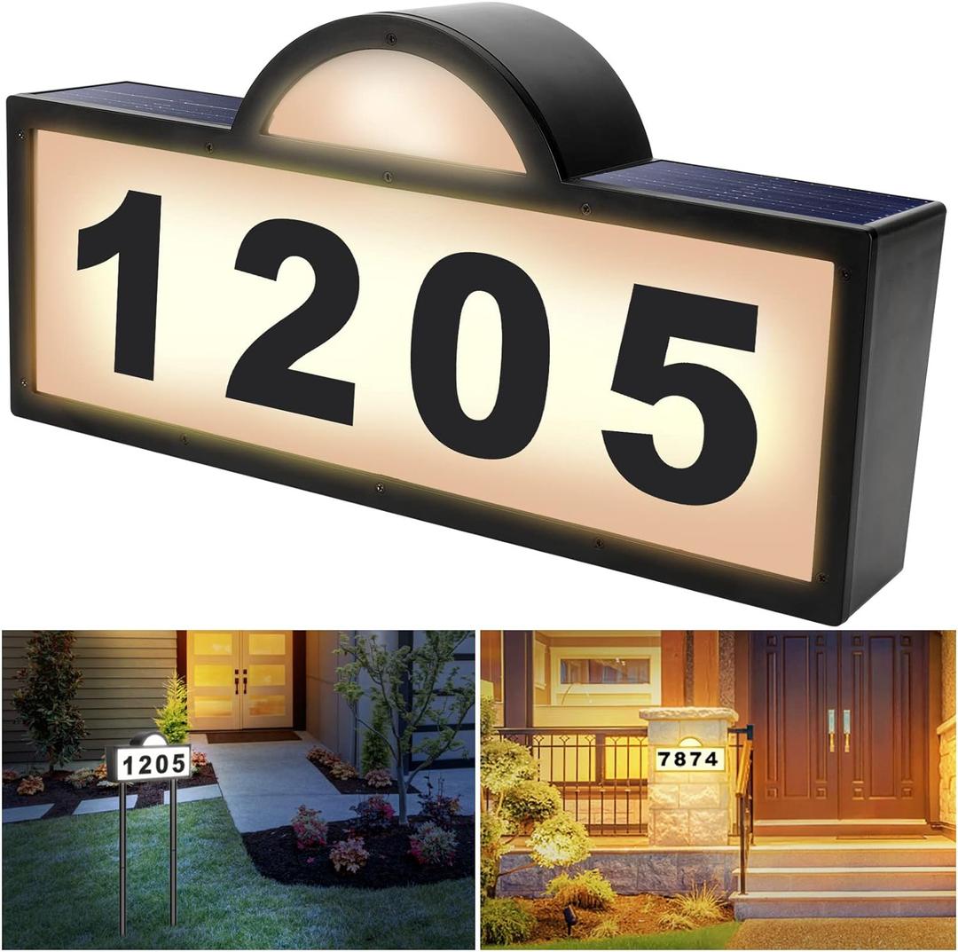 Solar House Numbers Address Sign, IP65 Waterproof Solar Address Plaque for Outside, 3200K Warm & 6500k Cold LED Illuminated House Numbers for Outdoor Wall Mounted & Home Yard Ground Address Number